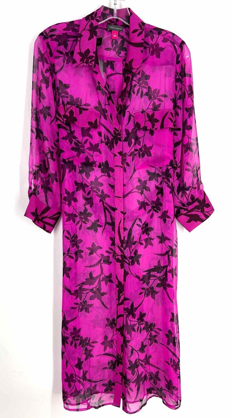Vince Camuto Size S Purple/Black Floral Sheer Belted Designer Dress